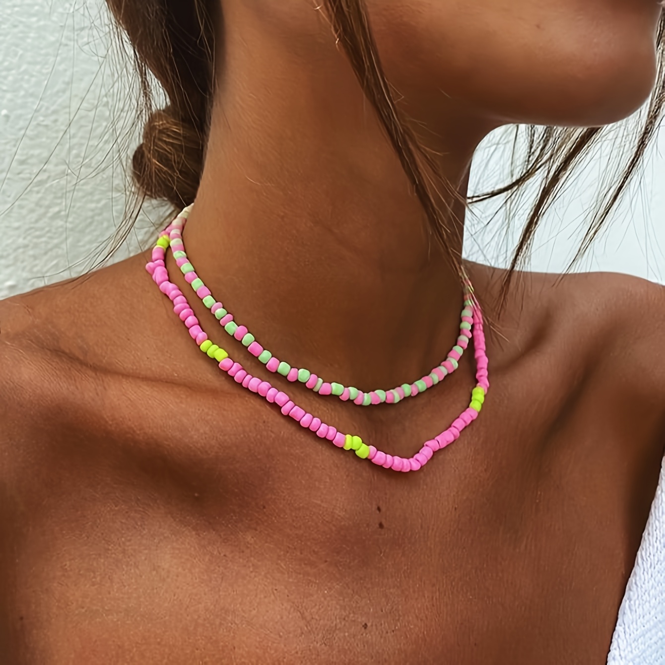 2pcs Dopamine Necklace Set Bohemian Beaded Rice Necklace